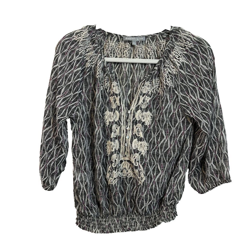 Daniel Rainn Blouse Women Size S Petite Boho Semi Sheer Embroidered